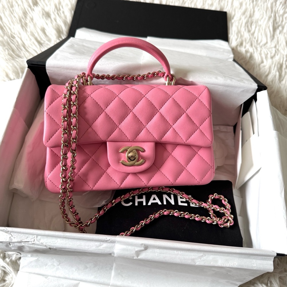 CHANEL 23P Mini Top Handle Pink Lambskin Classic Bag Gold Hardware NIB Full Set